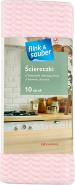 Opakowanie ściereczek Flink & Sauber (10 sztuk), różowe z falistym wzorem i zieloną etykietą, na tle kuchni.