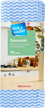 Flink & Sauber ściereczki, niebiesko-białe w faliste wzory, 10 sztuk, widok z przodu na tle kuchni.