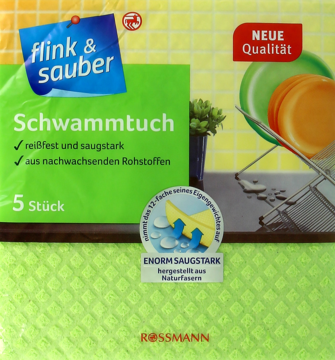 Zielone opakowanie 5 ścierek gąbczastych flink & sauber Rossmann, widok z przodu, z obrazkiem mycia naczyń.