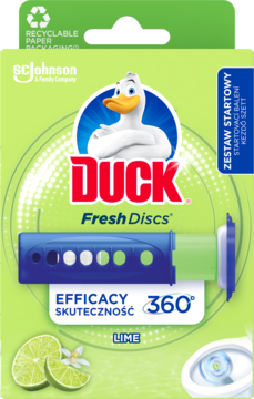 Zielono-białe opakowanie Duck Fresh Discs Lime z kaczorem i widocznym niebieskim aplikatorem żelowym.