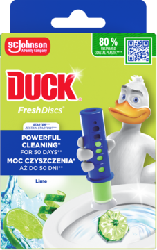 Opakowanie Duck Fresh Discs Lime, żelowy krążek do toalety, widok z przodu. Zielono-niebieskie, z kaczką i limonką.