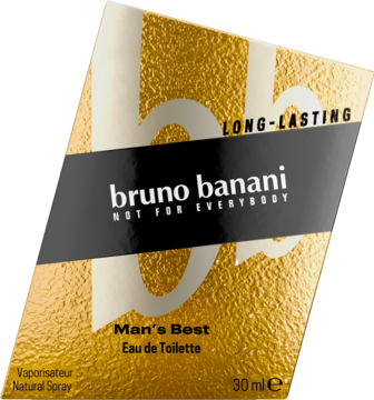 Złoto-czarne, teksturowane opakowanie bruno banani Man’s Best EDT 30ml, widok pod kątem.