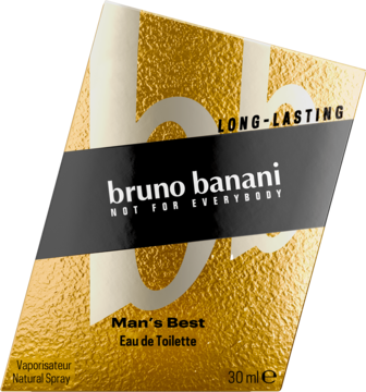Złoto-czarne, teksturowane opakowanie bruno banani Man’s Best EDT 30ml, widok pod kątem.
