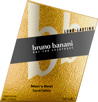 Złote, błyszczące pudełko Bruno Banani Man's Best 50ml EDT z czarnym pasem i napisem "LONG-LASTING", widok pod kątem.