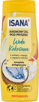 ISANA Kremowy Żel pod prysznic Woda Kokosowa, żółta butelka z grafiką kokosa i mango, widok z przodu.