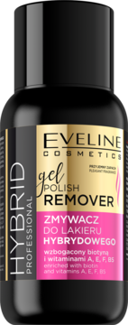 Eveline Cosmetics Gel Polish Remover w czarnej butelce z różowo-złotą etykietą, wzbogacony biotyną i witaminami, widok z przodu.