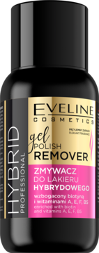 Eveline Cosmetics Gel Polish Remover w czarnej butelce z różowo-złotą etykietą, wzbogacony biotyną i witaminami, widok z przodu.
