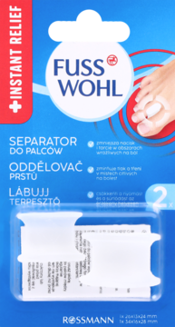 Opakowanie separatorów palców Fuss Wohl, 2 sztuki, na niebiesko-białej karcie z napisem INSTANT RELIEF.