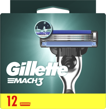 Gillette Mach3 męskie ostrza wymienne 12 sztuk, zielone opakowanie z widoczną maszynką, widok z przodu.