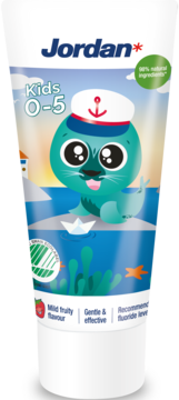 Jordan pasta do zębów dla dzieci 0-5 lat, biała tubka z foczką, łagodny owocowy smak, z fluorem.