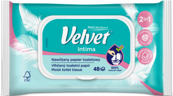 Velvet Intima, turkusowo-różowe opakowanie nawilżanego papieru toaletowego 2w1 do higieny intymnej, 48 szt.