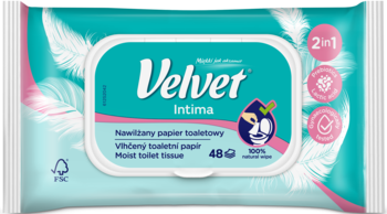 Velvet Intima, turkusowo-różowe opakowanie nawilżanego papieru toaletowego 2w1 do higieny intymnej, 48 szt.