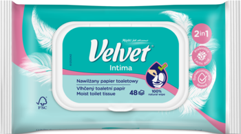 Nawilżany papier toaletowy Velvet Intima 2w1 w turkusowo-białym opakowaniu z różowymi piórami, widok z przodu.