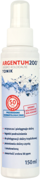 Biała butelka Argentum200 Tonik ze srebrem koloidalnym 50 ppm, ze spryskiwaczem, widok z przodu, 150ml.