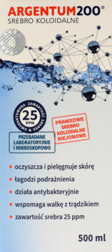 ARGENTUM200° Srebro koloidalne 25 ppm, tonik 500 ml, białe opakowanie z grafiką wody i molekuł, widok z przodu.