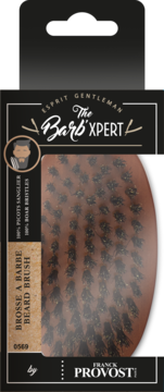 Franck Provost Barb'XPERT, szczotka do brody z włosiem dzika, brązowa rączka, częściowo widoczna w czarnym opakowaniu.