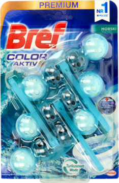 Bref Color Aktiv+ Premium, zawieszka WC morska w blistrze, turkusowe i ciemne kulki, widok z przodu.