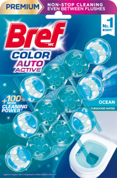 Bref Color Auto Active Ocean, turkusowe zawieszki do WC z non-stop czyszczeniem, widok opakowania z przodu.