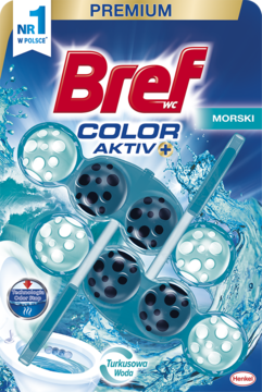 Niebieskie opakowanie Bref WC Color Aktiv Morski, turkusowa zawieszka do toalety z czterema kulami.