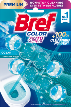 Bref Color Auto Active Ocean, zawieszka WC barwiąca wodę na turkusowo, opakowanie, widok przodu.