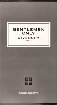 Front ciemnoszarego pudełka Givenchy Gentleman Only Eau de Toilette, z białym napisem i logo.