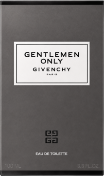 Ciemnoszare pudełko Givenchy Gentleman Only Eau de Toilette 100ml, z białym panelem i logo.