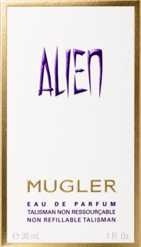 Mugler Alien woda perfumowana, białe pudełko ze złotą ramką i fioletowym napisem, widok z przodu.