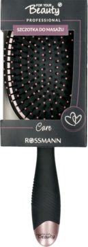 Czarna szczotka do masażu włosów For Your Beauty Rossmann, różowe końcówki, w przezroczystym opakowaniu.