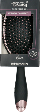 Czarna szczotka do masażu włosów For Your Beauty Rossmann, różowe końcówki, w przezroczystym opakowaniu.