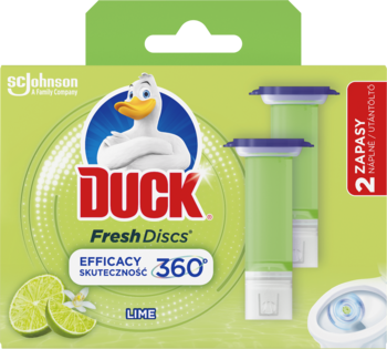 Zielone opakowanie Duck Fresh Discs Lime z wizerunkiem kaczora, zawiera 2 limonkowe wkłady do toalety, widok z przodu.
