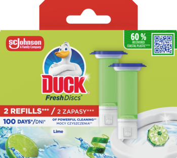 Zielono-białe opakowanie Duck Fresh Discs Lime 2 wkłady, z kaczką i limonką w toalecie. Widok z przodu.