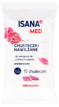 ISANA MED chusteczki nawilżane antybakteryjne do rąk, biała saszetka z różowymi płatkami, widok z przodu.