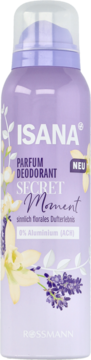Fioletowy dezodorant ISANA Secret Moment, 0% Aluminium, w sprayu, z motywem kwiatów lawendy i wanilii, widok z przodu.