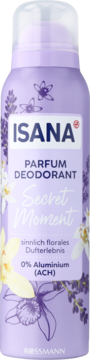 Fioletowy Isana Parfum Deodorant Secret Moment, 0% Aluminium, z kwiatowym wzorem, widok z przodu.