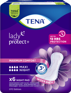 Fioletowe opakowanie podpasek TENA lady protect+ Maxi Night, z białymi wkładkami, do nocnej inkontynencji, przód.