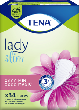 TENA Lady Slim Mini Magic wkładki, biało-zielone opakowanie, 34 szt., dyskretne, widok z przodu.