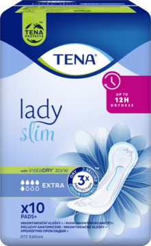 TENA Lady Slim Extra PADS+, niebiesko-białe opakowanie 10 sztuk, z hasłem "do 12H suchości", widok z przodu.