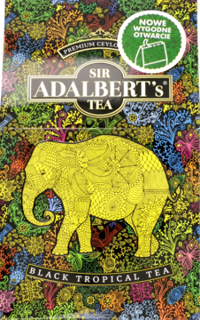 Opakowanie Sir Adalbert's Black Tropical Tea z żółtym, ozdobnym słoniem i kolorowymi tropikalnymi wzorami na czarnym tle.