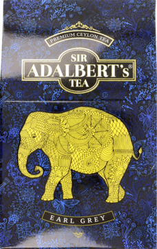 Sir Adalbert's Earl Grey herbata, granatowe pudełko z eleganckim złotym słoniem i tekstem, widok z przodu.