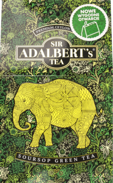 Zielona herbata Adalbert's Soursop Premium Ceylon w ciemnozielonym pudełku z żółtym słoniem, widok z przodu.