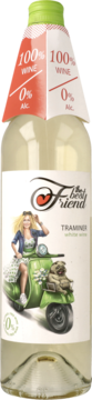 Biała butelka The best FRIEND Traminer 0% Alc. z etykietą: kobieta i mops na zielonym skuterze, widok z przodu.