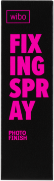 Wibo Fixing Spray Photo Finish w czarnej butelce z różowym napisem, widok z przodu, pionowe ujęcie.