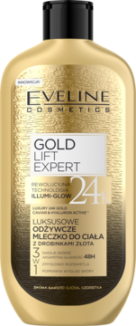 Złote mleczko Eveline Gold Lift Expert 24K, odżywcze do ciała z drobinkami złota, widok z przodu.