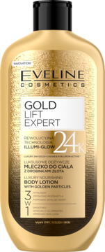 Złoty balsam Eveline Gold Lift Expert 24K, luksusowe mleczko do ciała z drobinkami złota, widok z przodu.