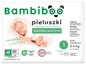 Bambiboo pieluszki bambusowe, rozm. 1 Newborn (2-4kg), opakowanie biało-zielone z dzieckiem, widok z przodu.