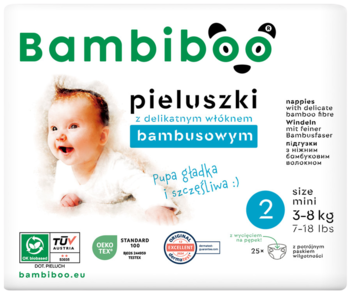 Bambiboo pieluszki z włóknem bambusowym, rozmiar 2 Mini (3-8kg), biało-zielone opakowanie z uśmiechniętym dzieckiem.