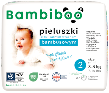 Bambiboo pieluszki z bambusowym włóknem, rozmiar 2 Mini (3-8 kg), białe opakowanie z dzieckiem, widok z przodu.