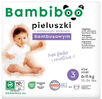 Bambiboo pieluszki z włóknem bambusowym, rozmiar 3 Midi (6-11kg), biało-zielone opakowanie, widok z przodu.