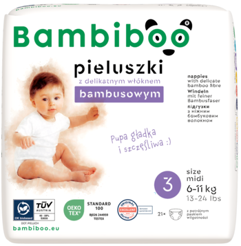 Bambiboo pieluszki, delikatne włókno bambusowe, rozmiar 3 Midi (6-11kg), białe opakowanie z niemowlęciem.