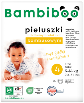 Bambiboo pieluszki z delikatnym włóknem bambusowym, rozmiar 4 Maxi (9-14 kg), front opakowania z dzieckiem.